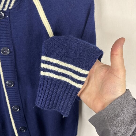 Vintage Sears Varsity Cardigan Navy Blue Striped Trim Button Front Men’s 44 - Picture 2 of 7